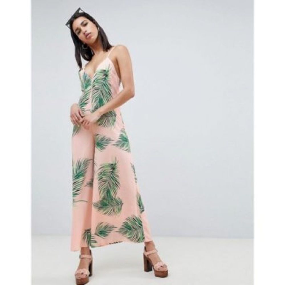 ASOS pink jumpsuit with leaf‎ print all over